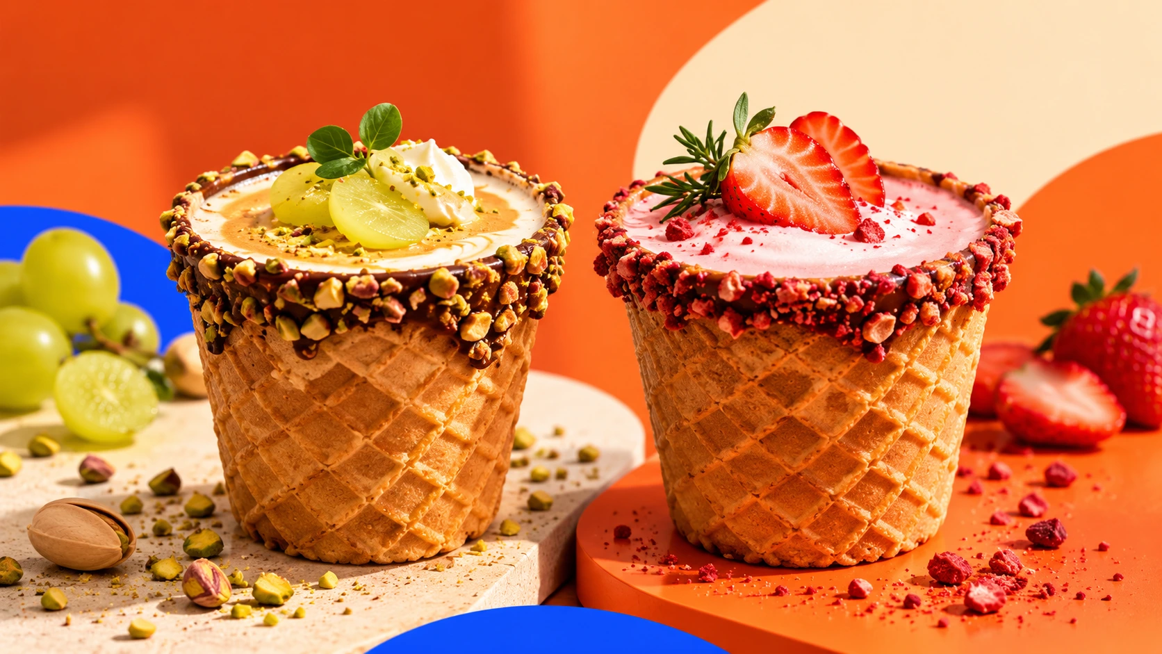 Two unbranded golden waffle cups with colourful fruit toppings on an orange and cream backdrop